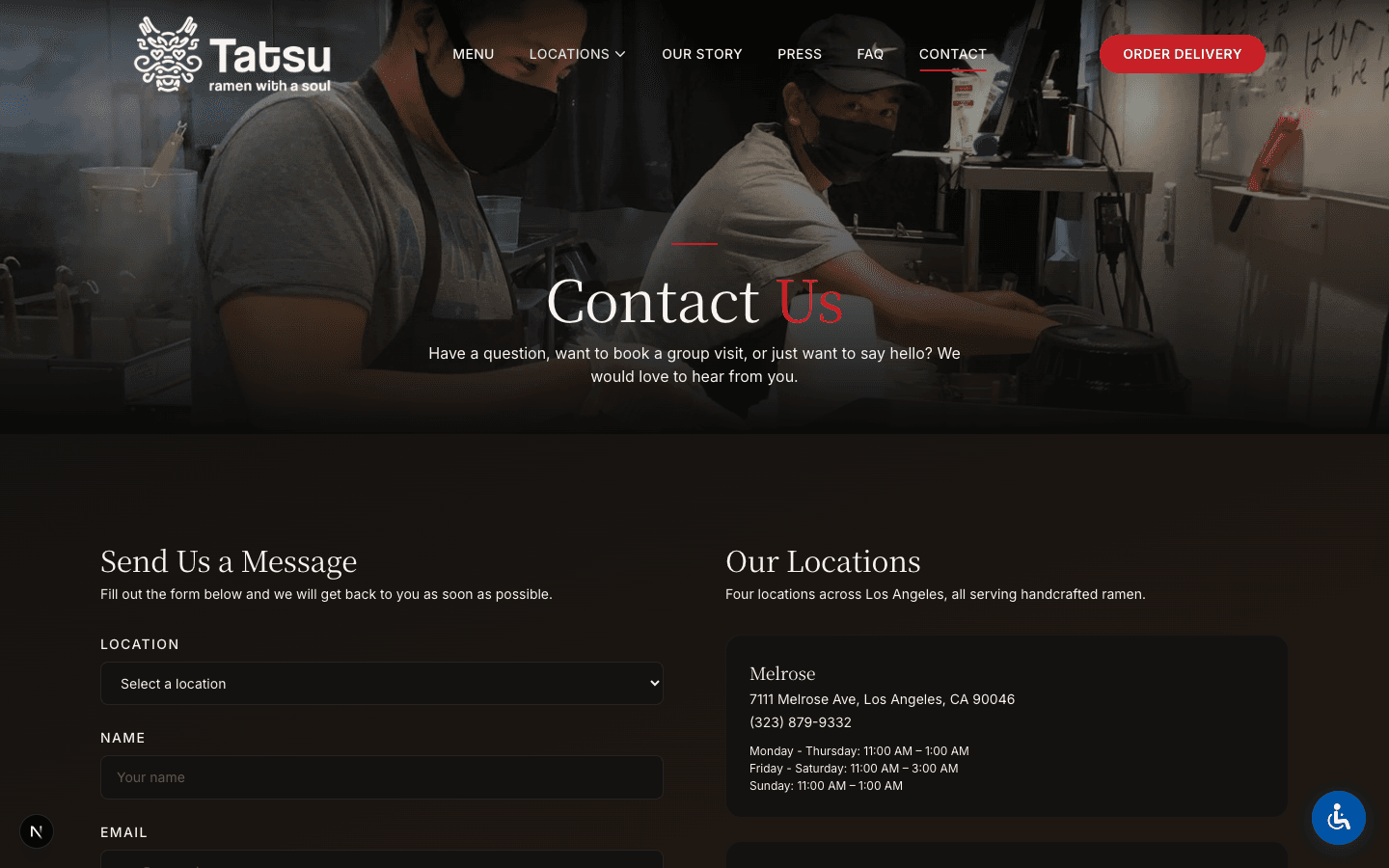 Contact page with clean form design and restaurant information