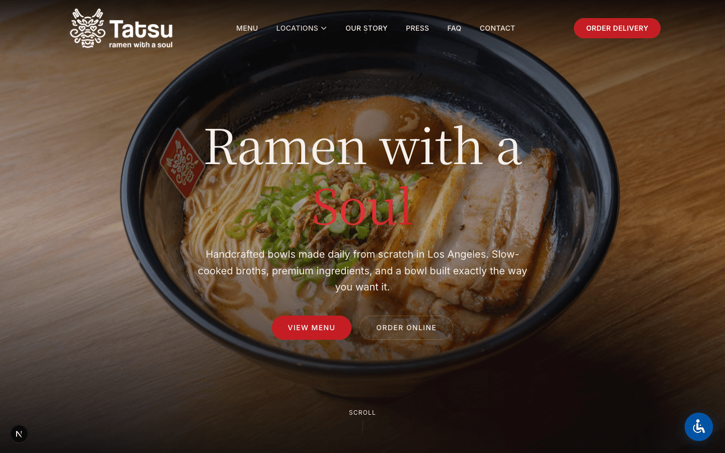 Tatsu Ramen homepage hero — full-screen ramen bowl with bold Ramen with a Soul typography