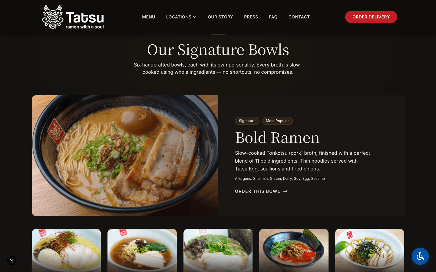 Signature Bowls section featuring the Bold Ramen with Tonkotsu broth, showing the interactive bowl carousel