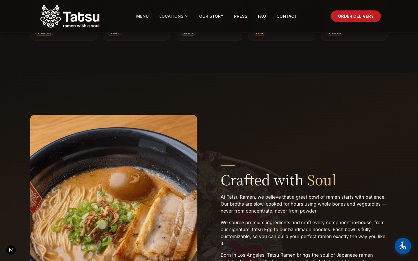 Homepage mid-section — brand story and restaurant atmosphere with warm photography