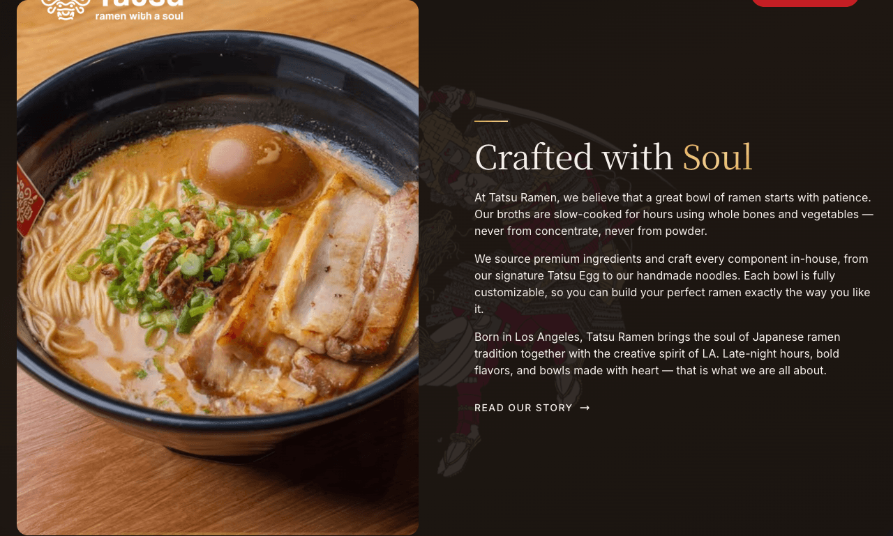 Tatsu Ramen homepage section with moody restaurant photography and brand content