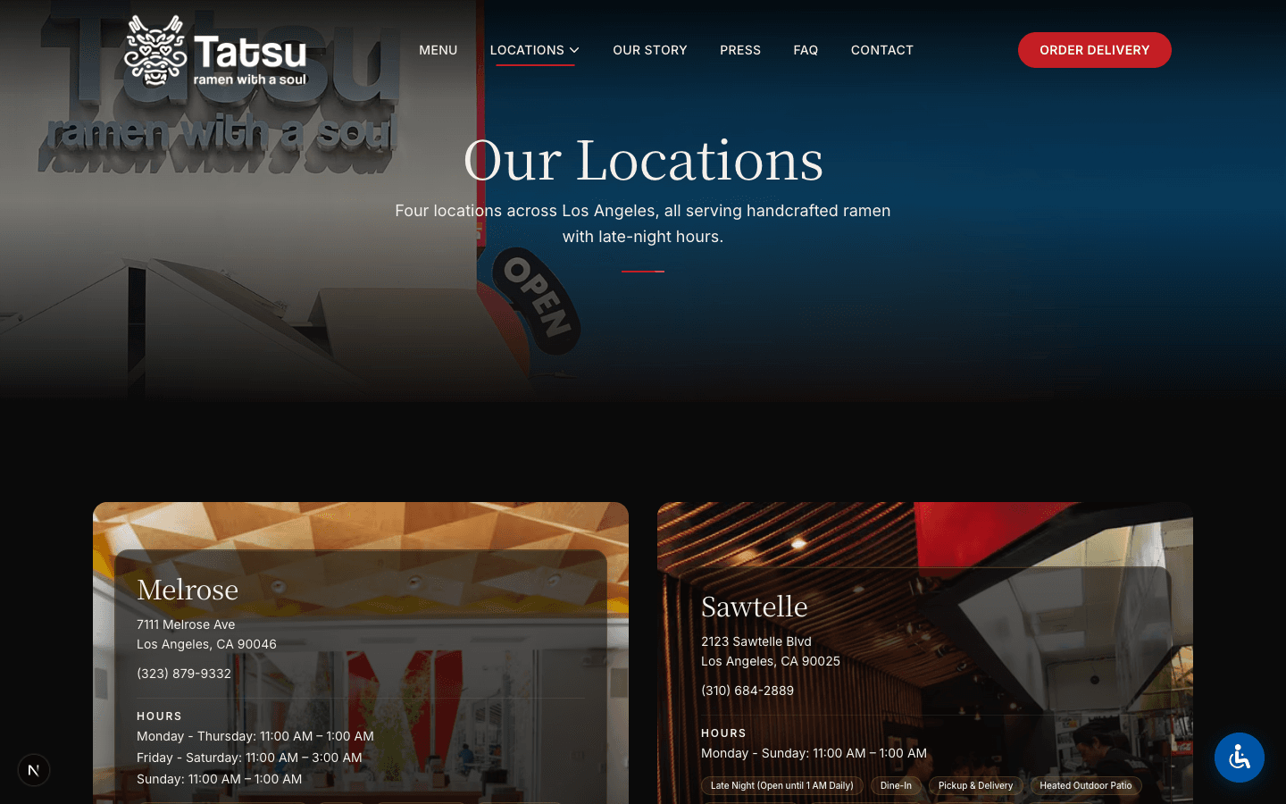 Locations page with interactive map showing all Tatsu Ramen restaurant locations across LA