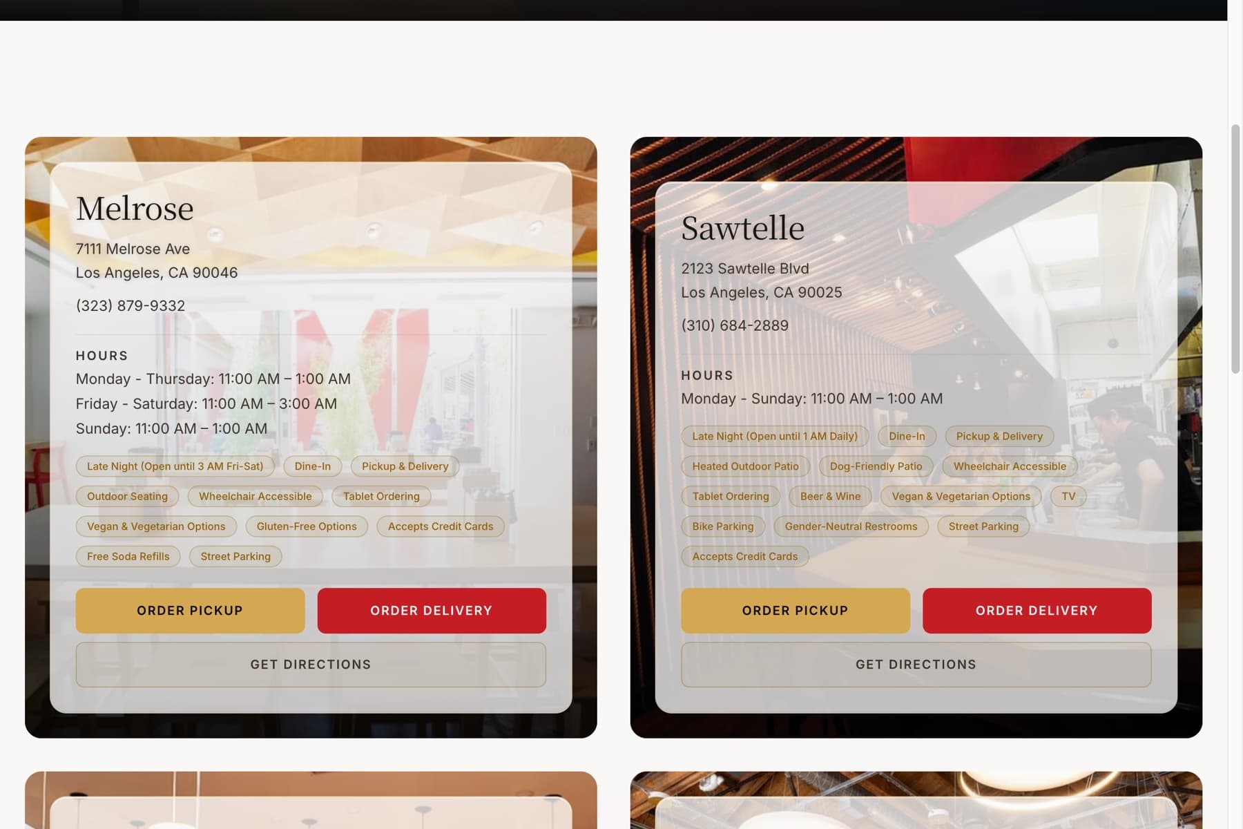 Tatsu Ramen locations page showing the Melrose and Sawtelle cards with addresses, hours, and amenities