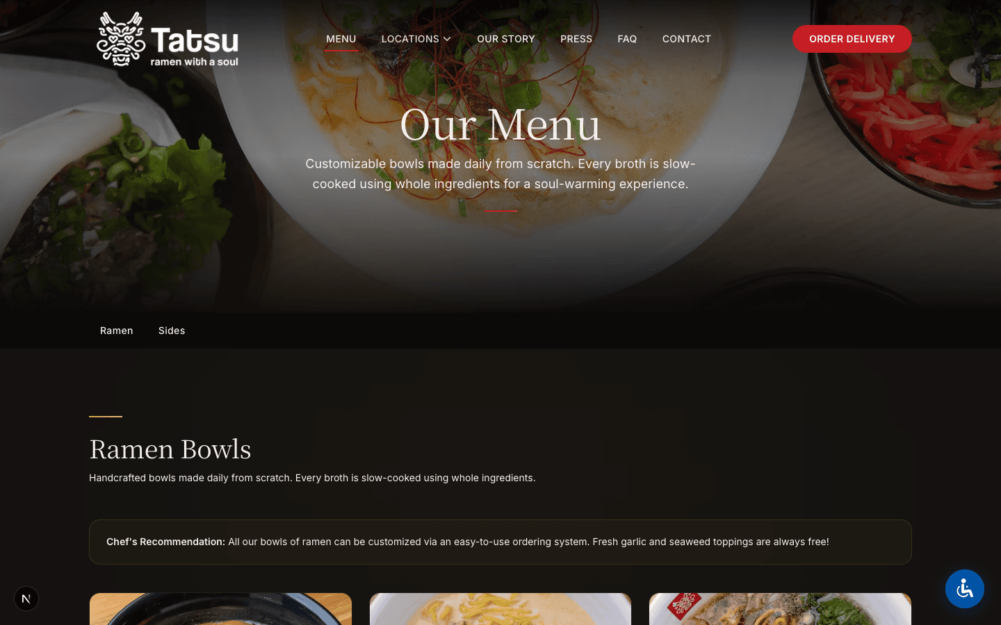 Full menu page with hero image of fresh ramen ingredients and categorized menu sections