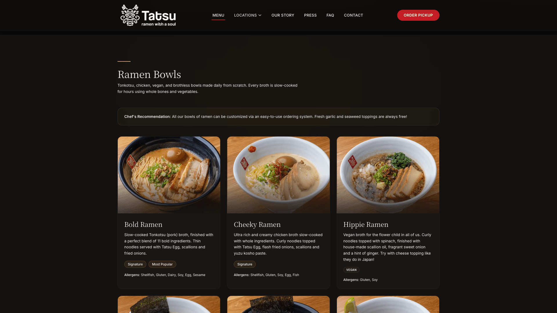 Tatsu Ramen menu page showing ramen bowls, menu descriptions, and ordering navigation