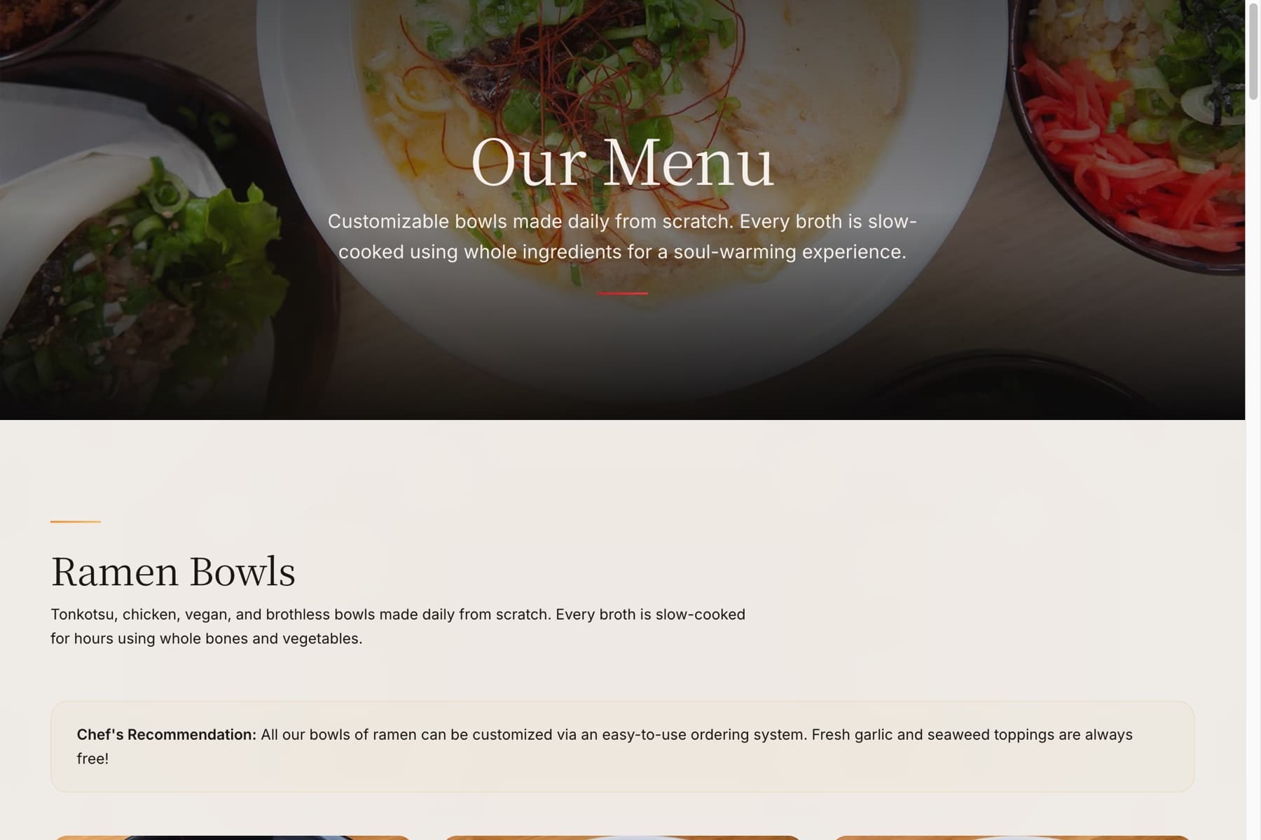 Tatsu Ramen menu page with the Our Menu hero, ramen bowls grid, and chef notes