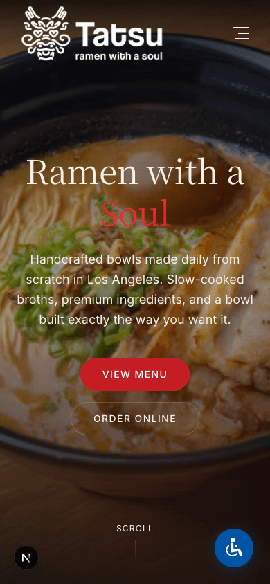 Tatsu Ramen mobile homepage — hero section with Ramen with a Soul headline