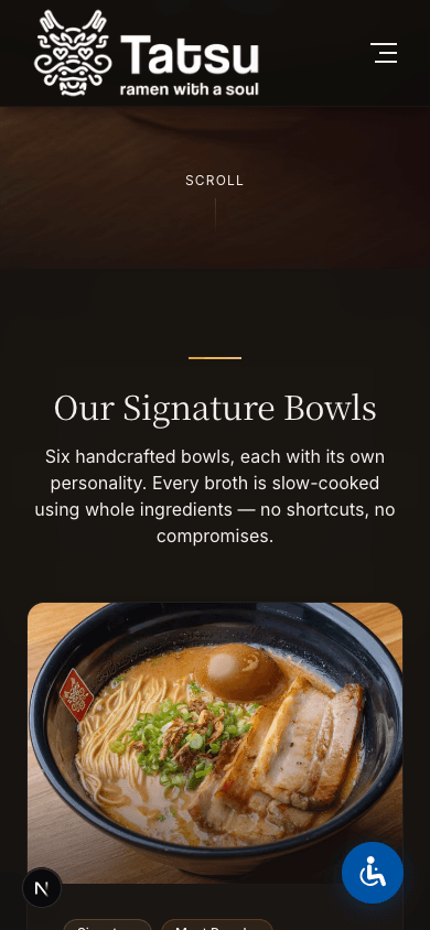 Tatsu Ramen mobile homepage scrolled — signature bowls section