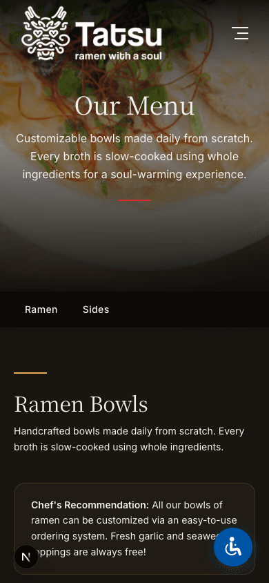 Tatsu Ramen mobile menu browsing experience