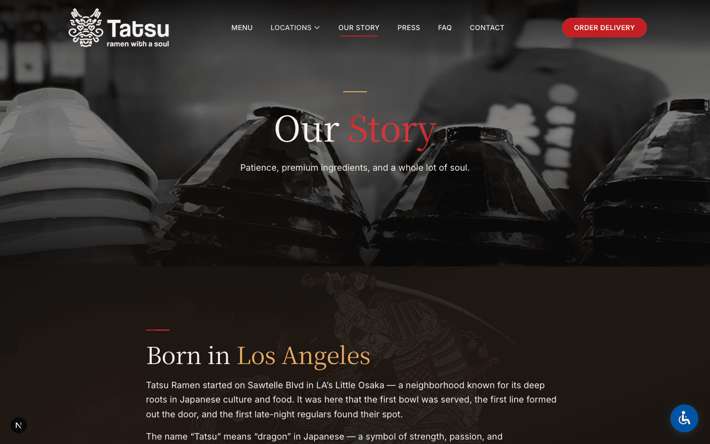 Tatsu Ramen Our Story page — Born in Los Angeles, featuring moody photography of ramen bowls and the brand origin story
