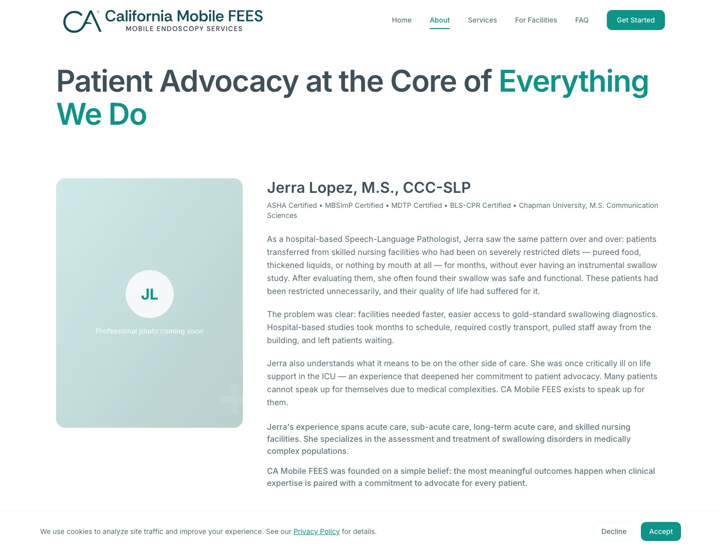 CA Mobile FEES about page showing provider trust and clinical credibility content