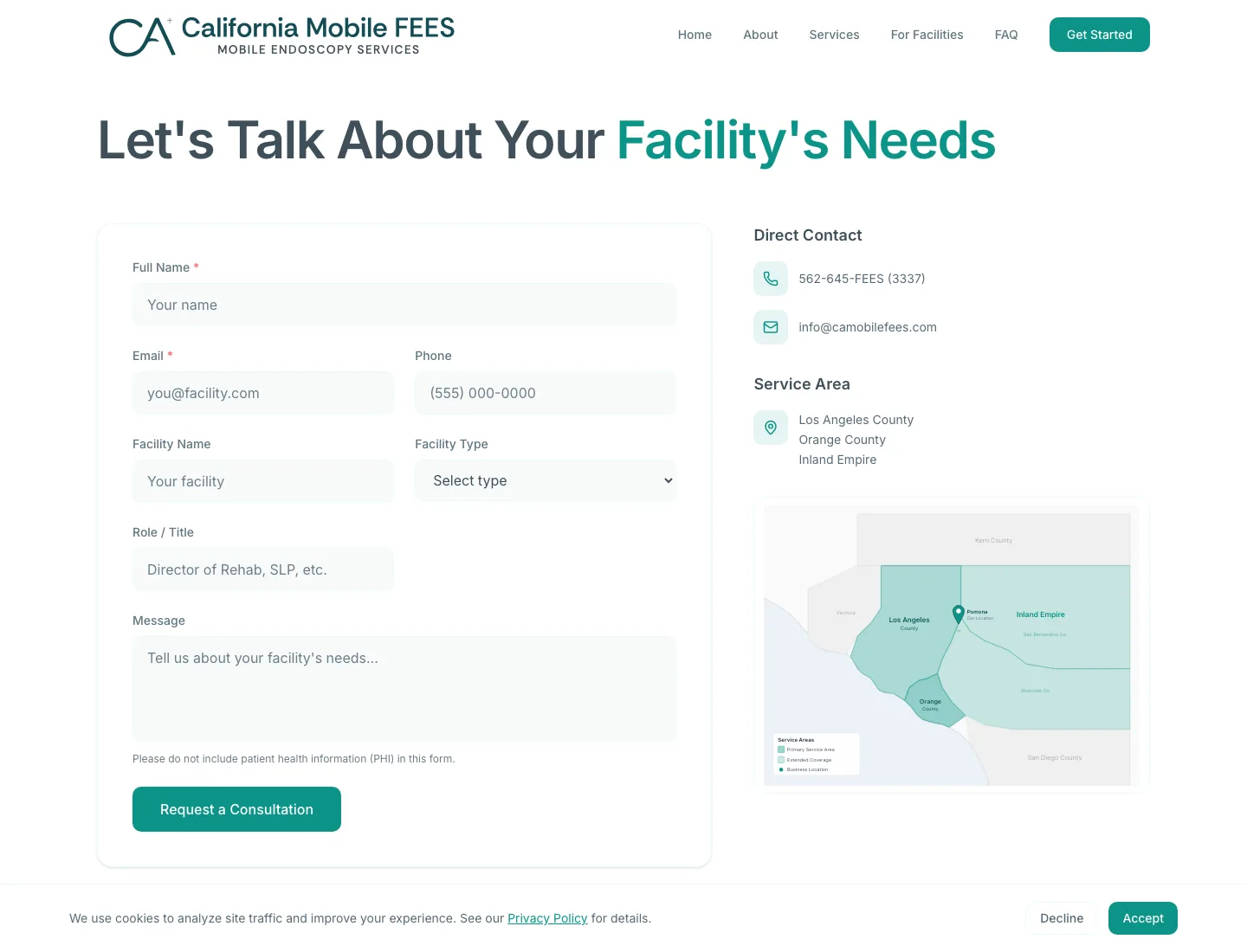 CA Mobile FEES contact page with consultation form and contact information