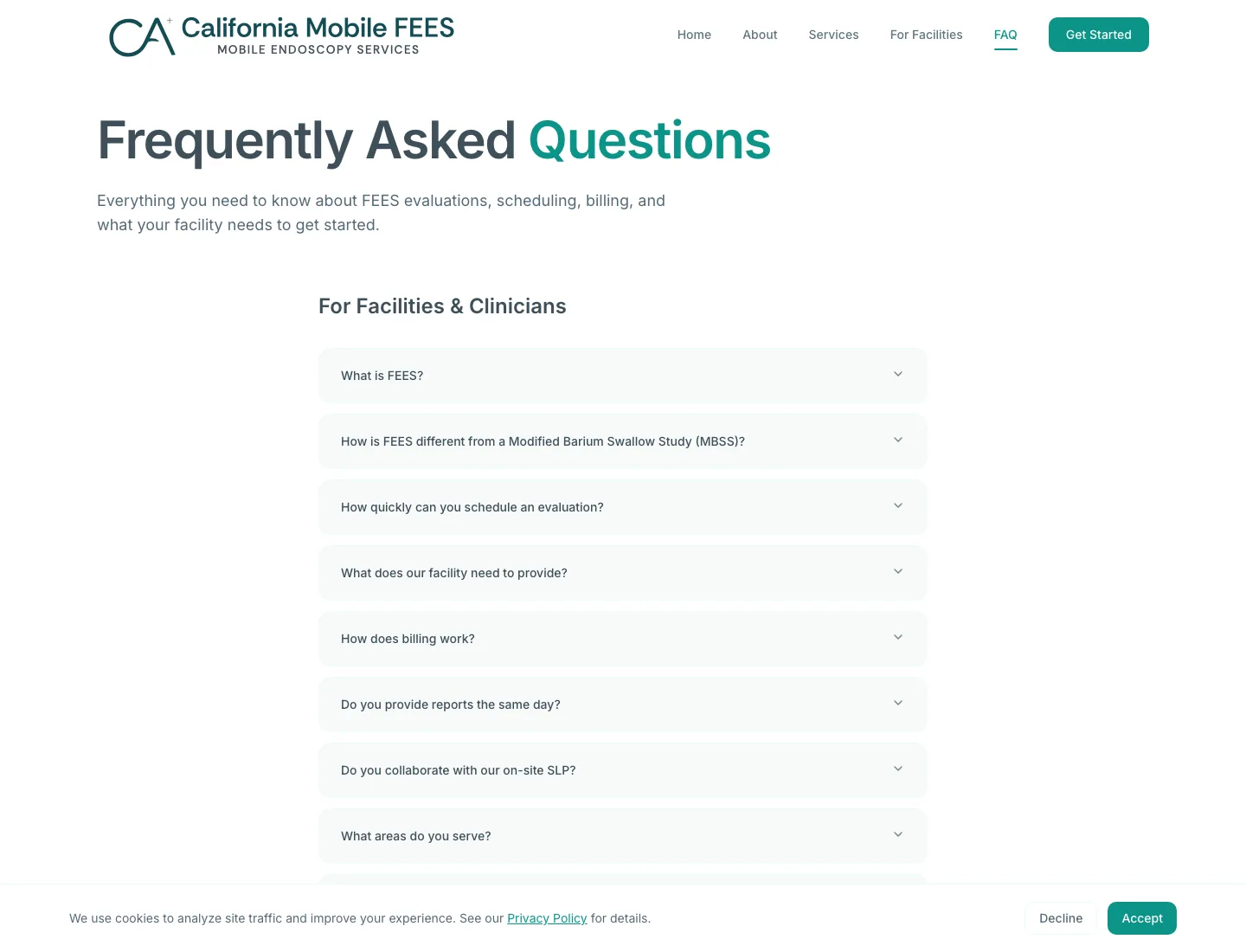 CA Mobile FEES FAQ page answering common questions about mobile swallowing evaluations