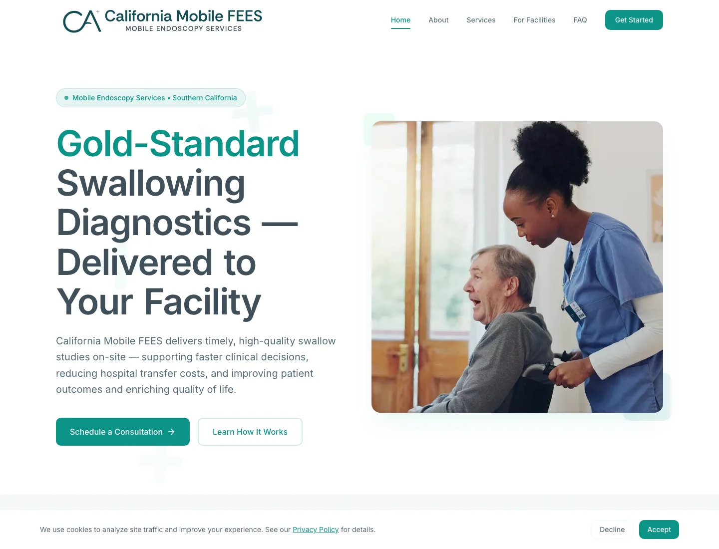 CA Mobile FEES homepage hero with the mobile swallowing diagnostics headline and patient care imagery