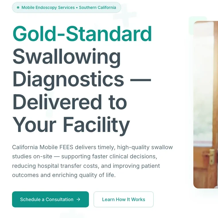 Close-up of CA Mobile FEES homepage messaging explaining gold-standard swallowing diagnostics delivered to facilities