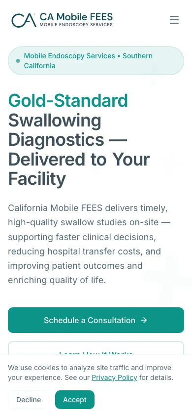 Mobile view of the CA Mobile FEES website showing responsive healthcare website design