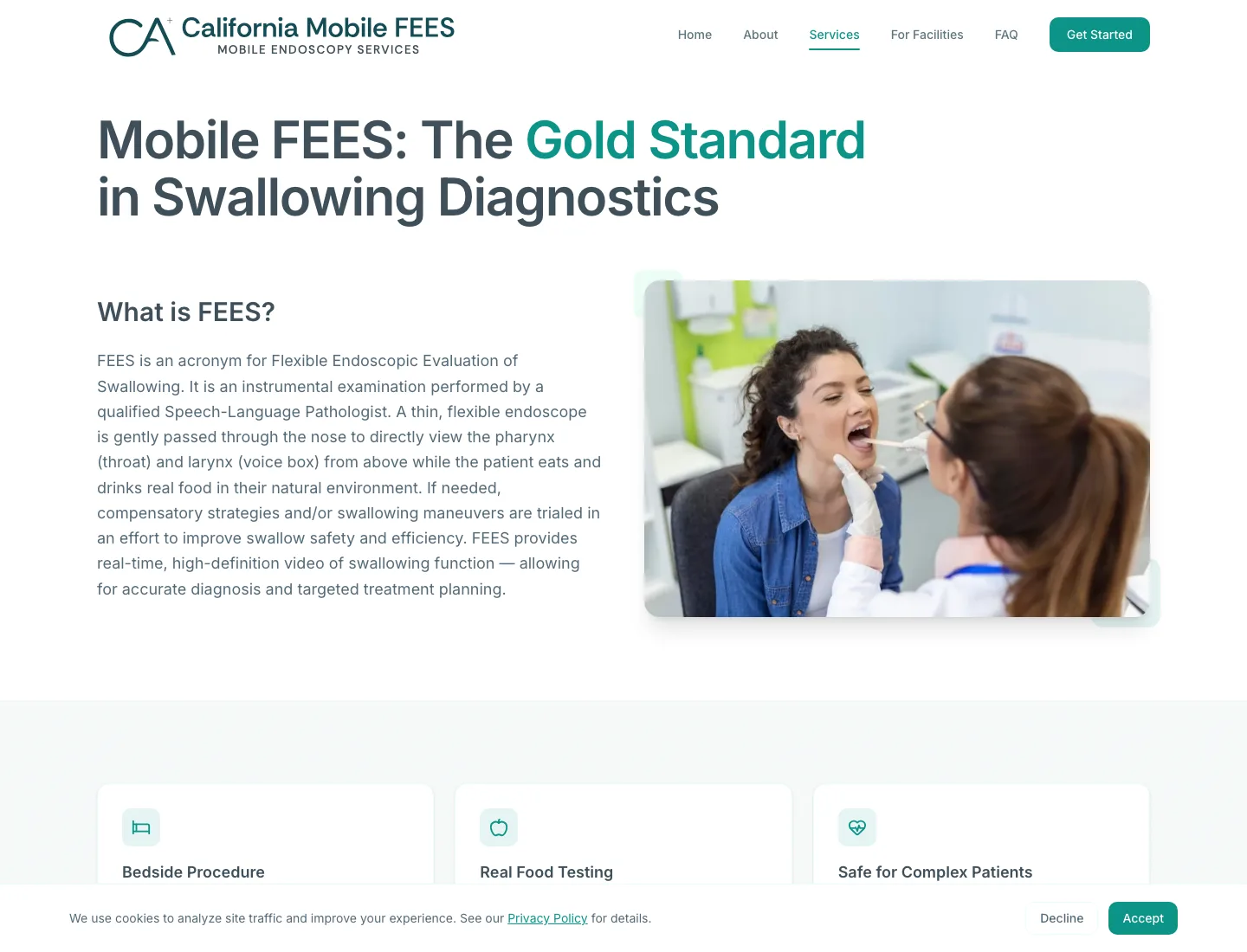 CA Mobile FEES services page explaining mobile FEES and swallowing diagnostics